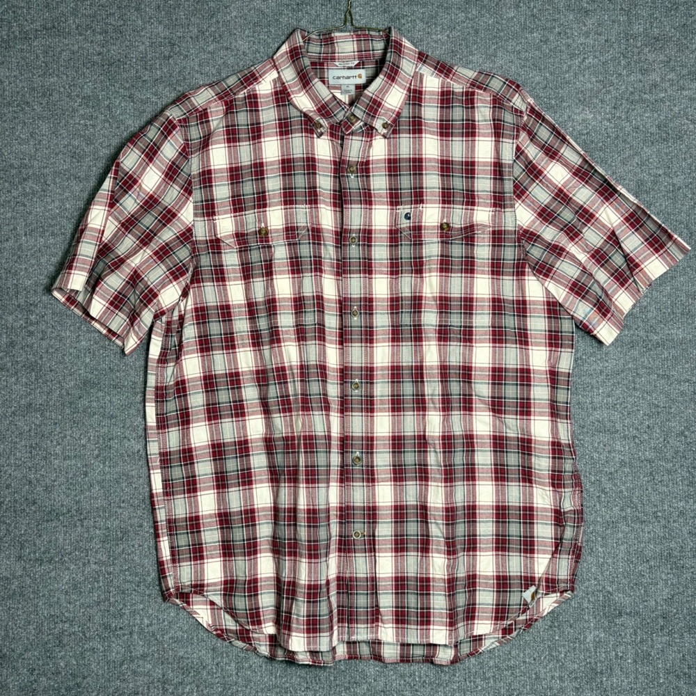 Carhartt Relaxed Fit Plaid Button Up Shirt Short Sleeve XL Red Gray White